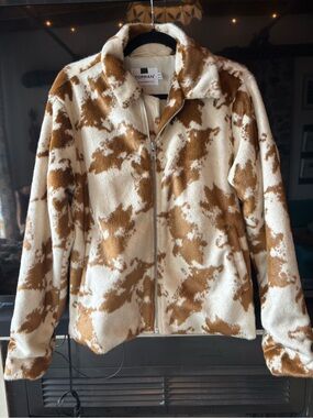 Topman Cream & Brown Cow Print Faux Fur Zip-Up Jacket